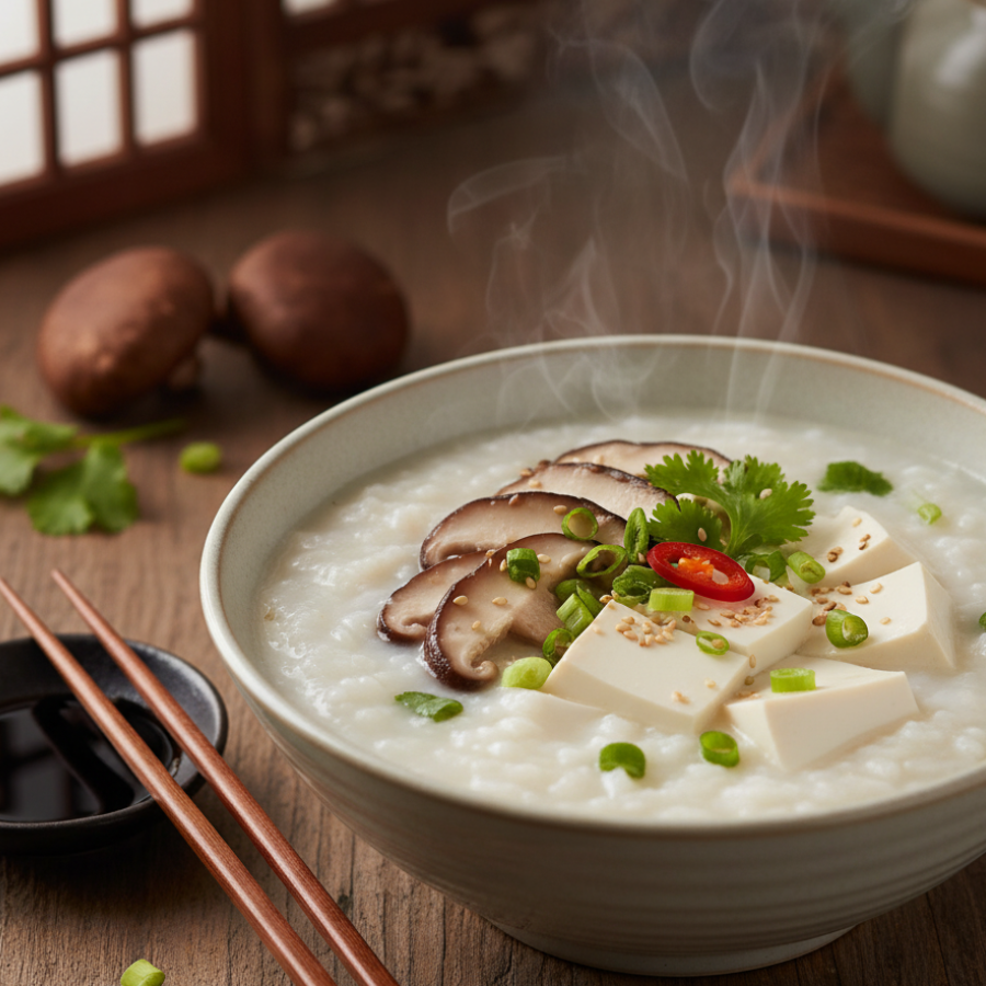 เมนูอาหารเจ-ข้าวต้มเห็ดหอมสดเต้าหู้อ่อน